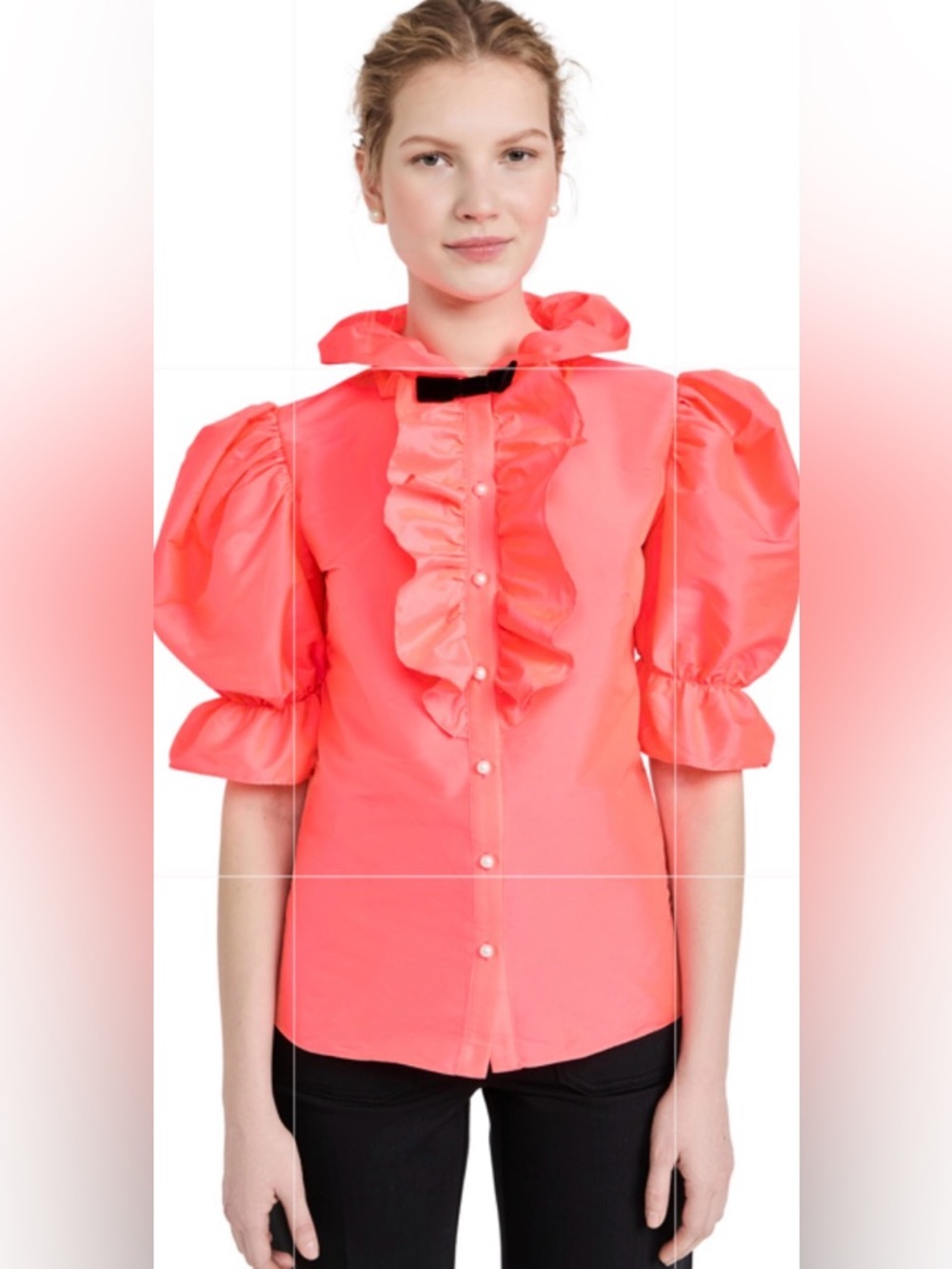 BATSHEVA Lou Bow-Detailed Ruffled Neon Hot Pink Sunset Taffeta Blouse 0 *SPOTS*